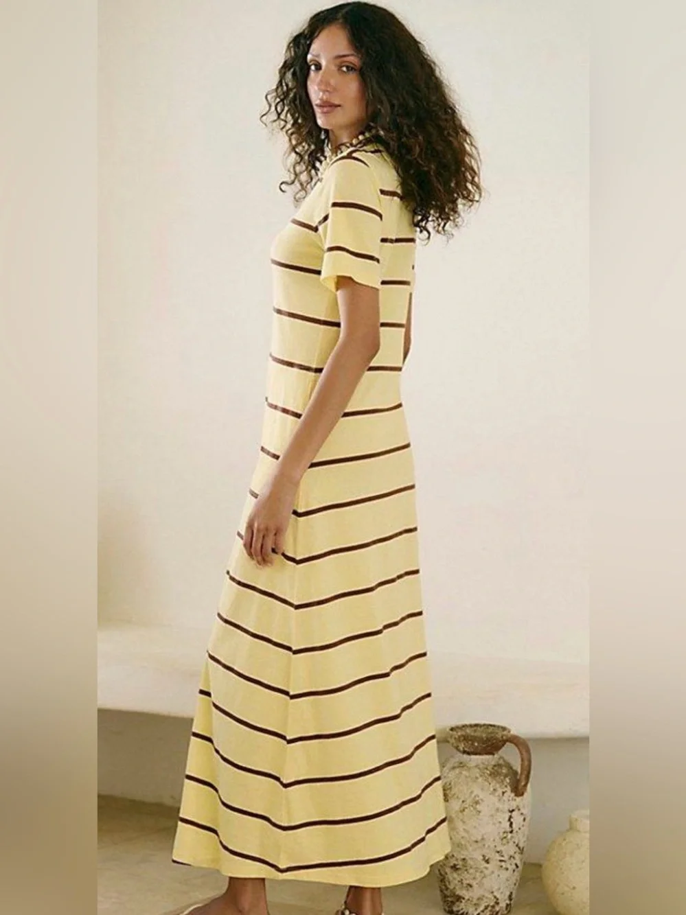 Free people Sleek And Striped Cotton-Jersey Maxi Dress. NWT. Butter yellow